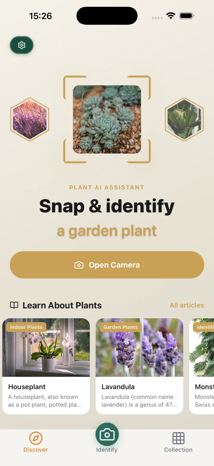 Plant Identifier home view prompting to 'Snap & identify a garden plant' with an Open Camera button and plant thumbnails